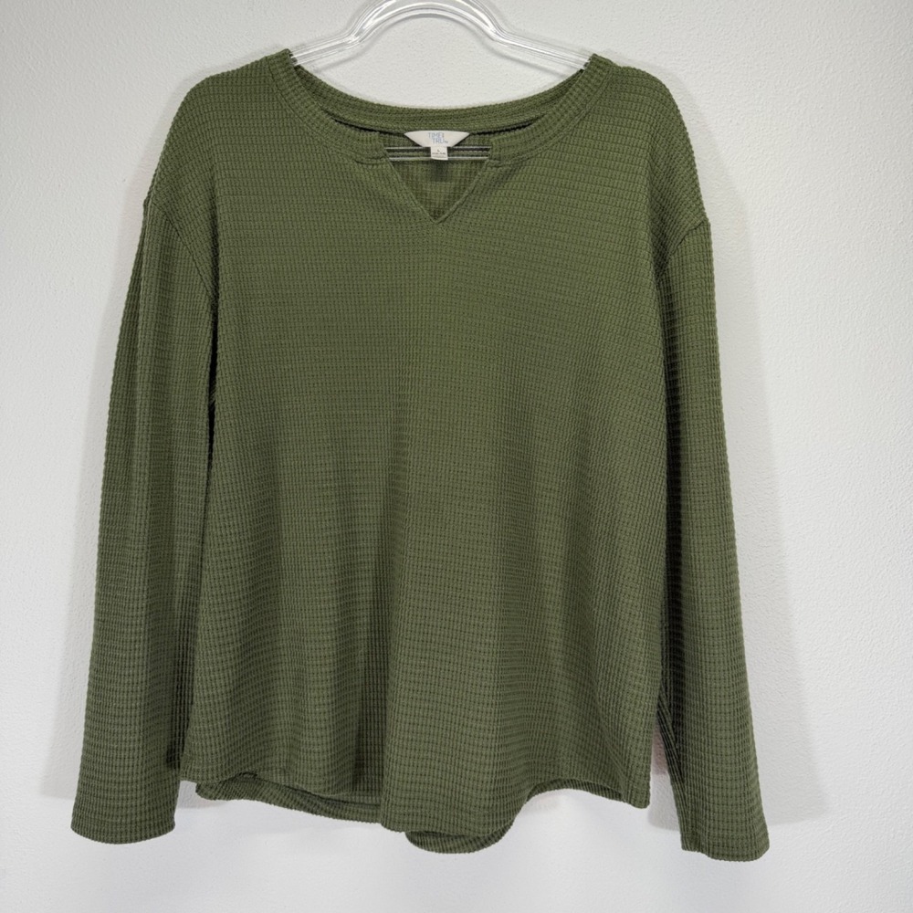 Time and Tru Womens Long Sleeve Waffle Knit Thermal V-Neck Olive Green Top L